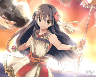 Girl dress flower stick clouds - a girl in a dress holding free wallpaper