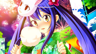 Girl purple hair hat fireworks - the sky behind her free wallpaper