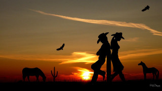 Couple people grass horse bird - western free wallpaper