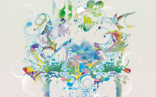 Vase with flowers and birds - side and a bird free wallpaper