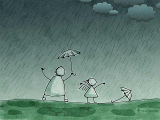 Family walking rain umbrella child - figurativism free wallpaper