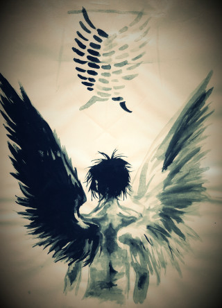 Man wings skeleton bird flying - metaphysical painting free wallpaper