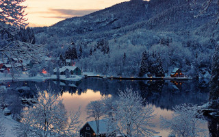 Snowy lake mountains house night - dusk free wallpaper