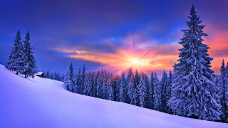 Sunset snowy mountain trees house - a sunset over a snowy mountain free wallpaper