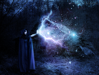 Woman lightning forest gothic matte - a long dress holding free wallpaper