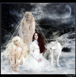 Women snow wolf couple friends - the snow free wallpaper