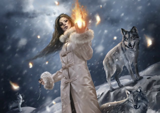 Woman fireball wolves snow night - fantasy art free wallpaper