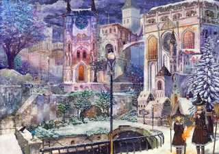 City street people snow church - a painting of a city street free wallpaper