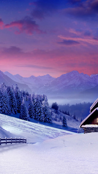 Snowy cabin fence mountain forest - matte painting free wallpaper