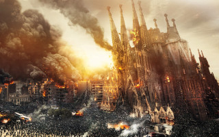 City smoke flames people building - massive free wallpaper