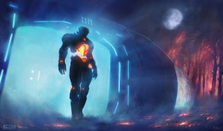 Futuristic man tunnel glowing light - arm free wallpaper