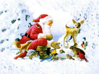Santa claus sitting snow animals - nearby free wallpaper