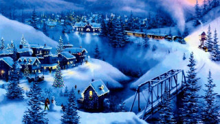 Snowy village train bridge painting 3 - kinkade free wallpaper