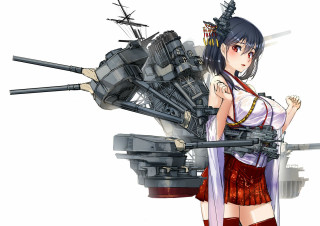 Woman short skirt gun machine - a ship in the background free wallpaper
