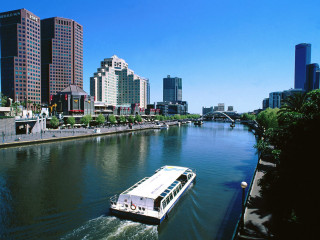 Boat river city bridge buildings - river free wallpaper