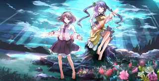 Anime girls waterfall blue sky - two anime girl free wallpaper