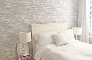White bed white pillows nightstand - colour free wallpaper