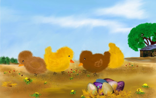 Chicks field egg tree painting - naive free wallpaper