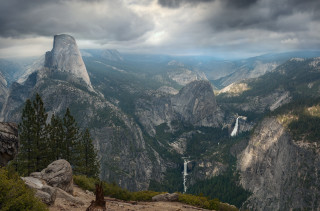 Valley waterfall mountains clouds trees - overhead free wallpaper