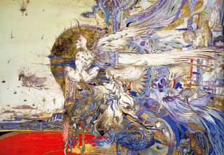 Woman wings bird back painting - a yellow circle free wallpaper