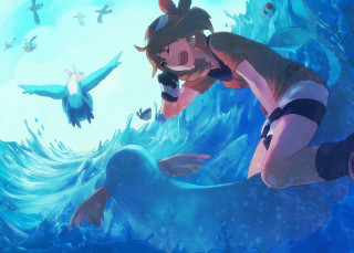 Woman bikini swimming ocean bird - pokemon free wallpaper