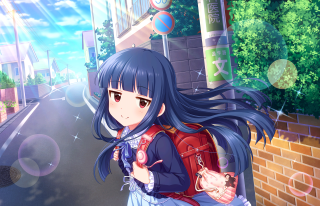 Girl long hair backpack walking 3 - a street in front free wallpaper
