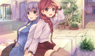 Anime girls sitting ledge courtyard - official art free wallpaper for desktop