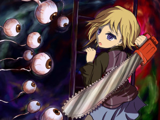 Girl chainsaw eyes onions background - pop surrealism free wallpaper