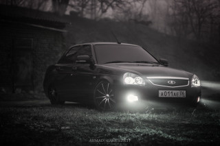 Car parked field headlight fog - dark atmosphere free wallpaper
