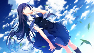 Girl blue dress flying hair 2 - blue sky free wallpaper