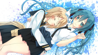 Anime girls kissing blue background - aimitsu free wallpaper for desktop