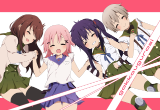 Anime girls group interlocked hands - their back free wallpaper