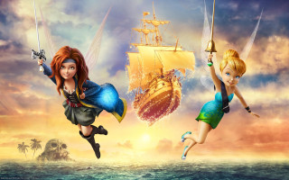 Cartoon girls flying pirate ship - cliff childs free wallpaper
