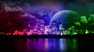 City skyline rainbow colored sky 3 - sky free wallpaper for desktop