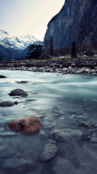 River rocks mountains moon house - rock free wallpaper