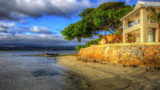 House shore lake boat cloudy - bob thompson free wallpaper