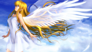 Woman blonde hair white wings 2 - cloud behind her free wallpaper