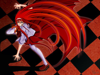 Red haired girl checkered floor - a red tail free wallpaper