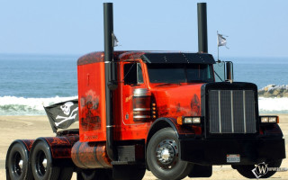 Red truck beach ocean flag - the wind free wallpaper