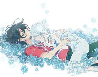 Couple lying bed flowers grass - top of a bed free wallpaper