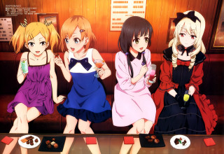 Three girls dresses sitting table - three girl free wallpaper