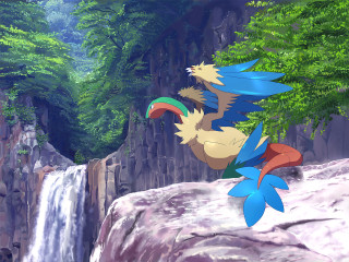 Cartoon character waterfall rock forest - baiōken eishun free wallpaper for desktop