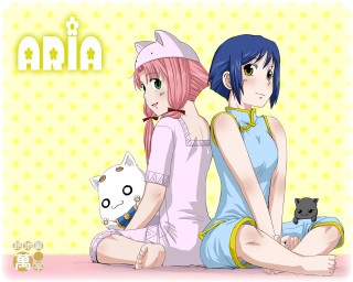 Anime two girls sitting cats - a cat in front free wallpaper