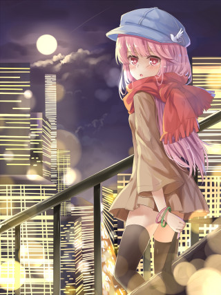 Girl pink hair hat balcony - neoromanticism free wallpaper