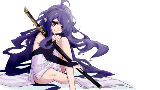 Woman long hair sword kneeling - long hair holding free wallpaper
