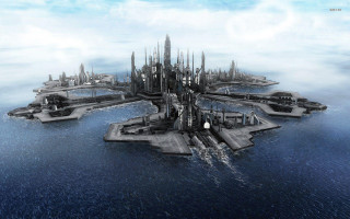 Futuristic city floating ocean cloudy - a cloudy day free wallpaper