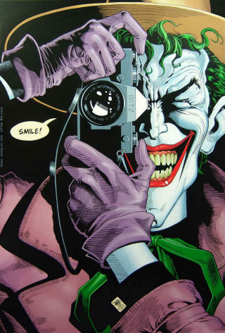 Joker holding camera pointing smiling - a smile free wallpaper
