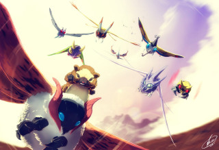 Birds flying cartoon character sky - a bird in the foreground free wallpaper