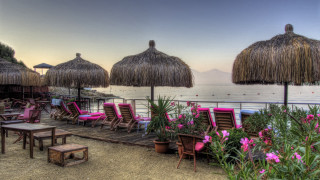 Beach chairs umbrellas flowers sand - a matte painting free wallpaper