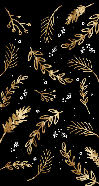 Black background gold leaves snowflakes - white dot free wallpaper